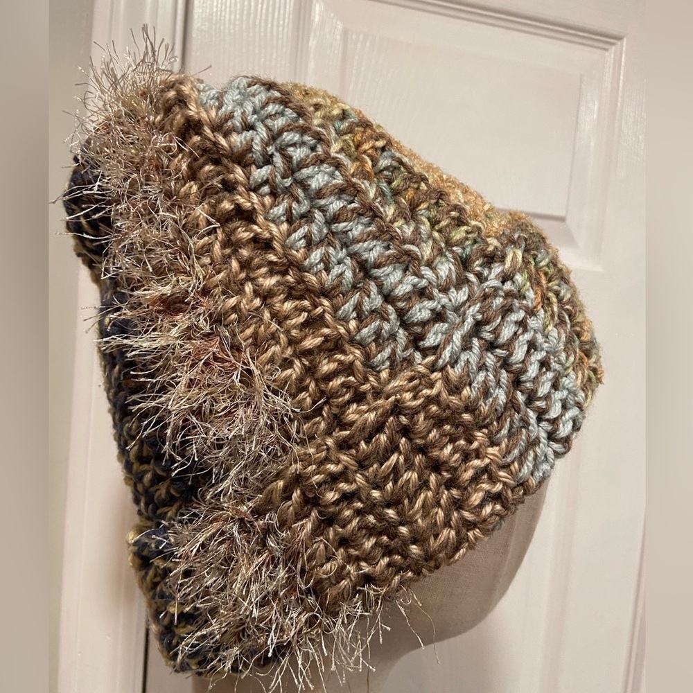Handmade Crochet Chunky Ribbed Upcycled Multi Fiber Scrappy Yarn Beanie Hat